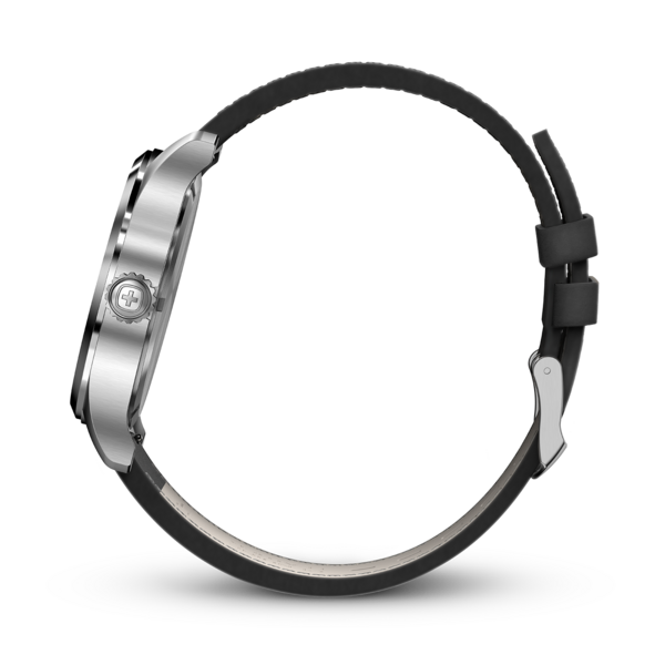 Watch with black leather strap, side view, isolated on black background