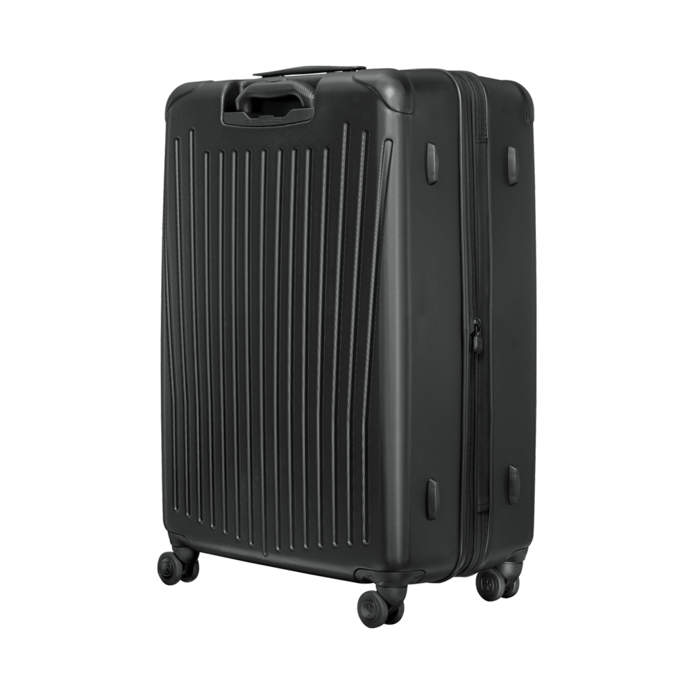Black suitcase with wheels and handle, ready for travel and luggage.