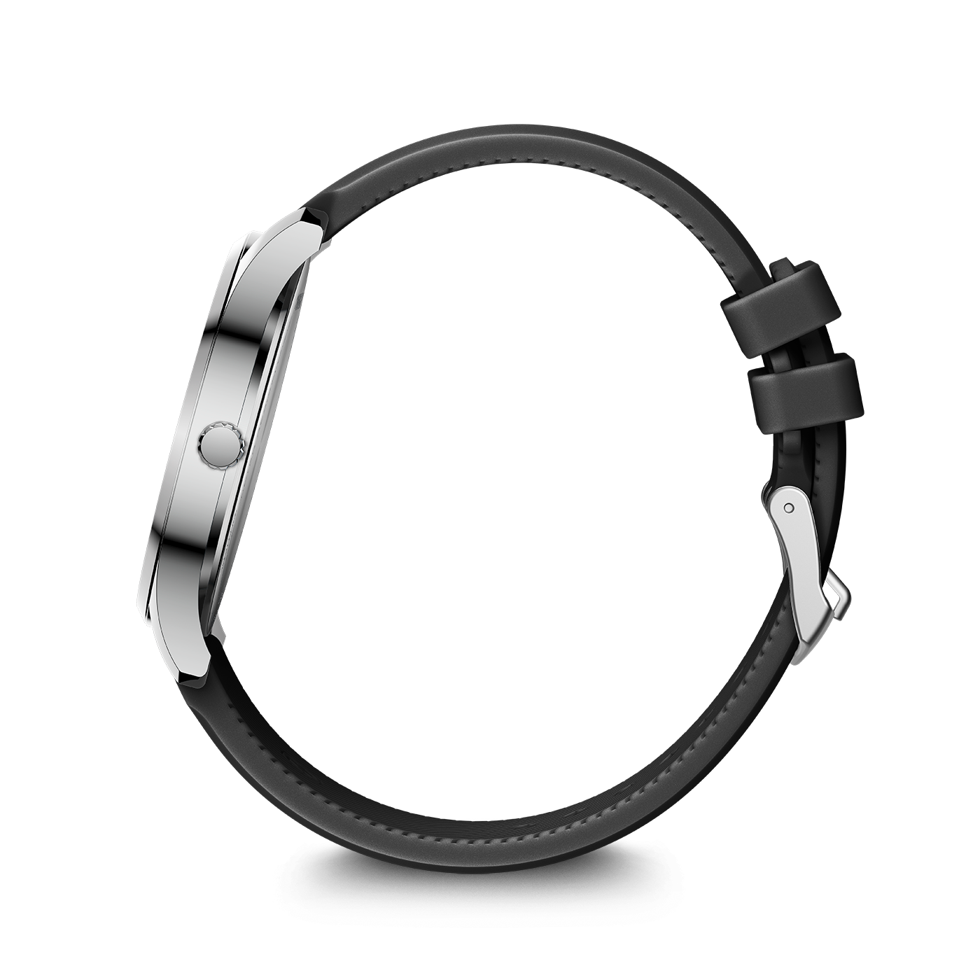 A wristwatch with a silver case and a black leather strap, lying on a white background with a shadow.