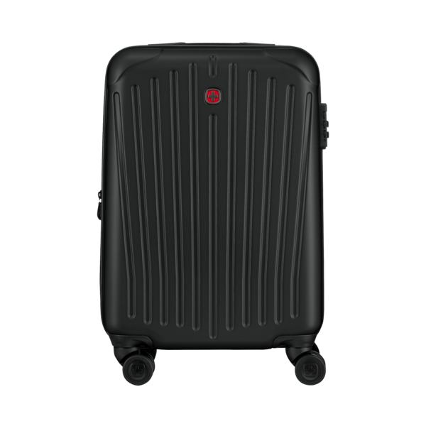 Black suitcase with red logo and vertical lines on a white background.