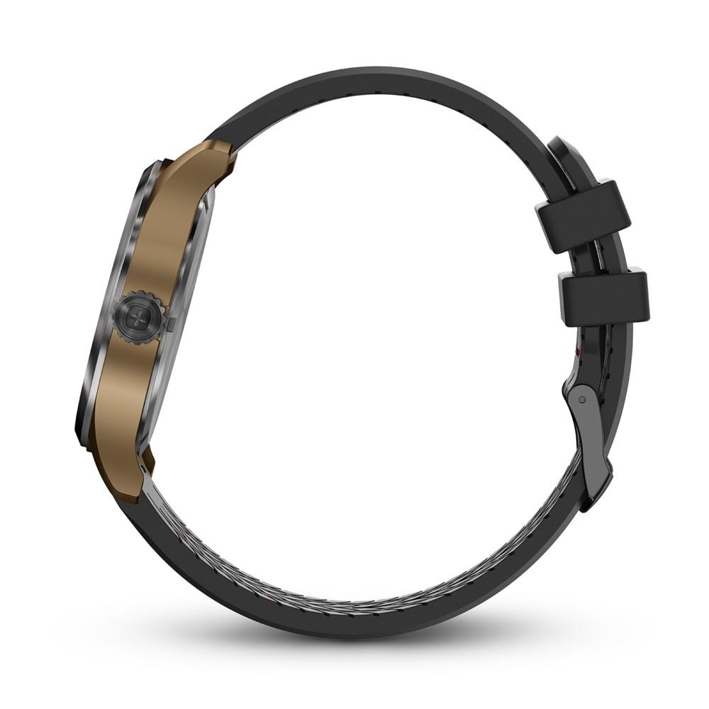 Watch with gold case and black strap on a black background, side view