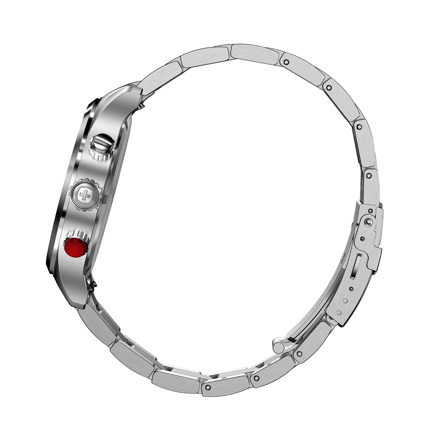 Uhr mit silbernem Armband, Seitenansicht, Detailaufnahme, isoliert auf weißem Hintergrund