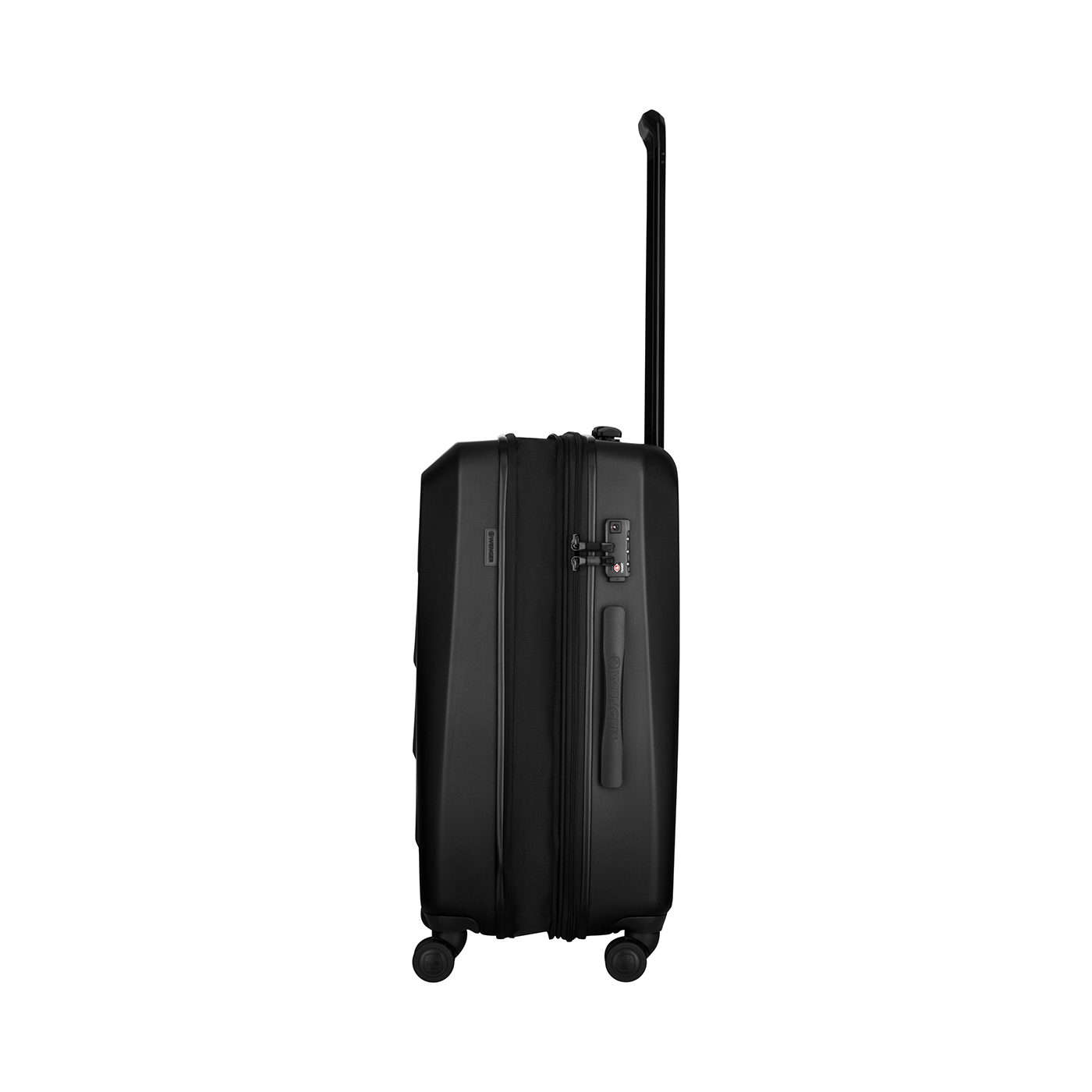 Black suitcase with retractable handle and wheels, side view against black background