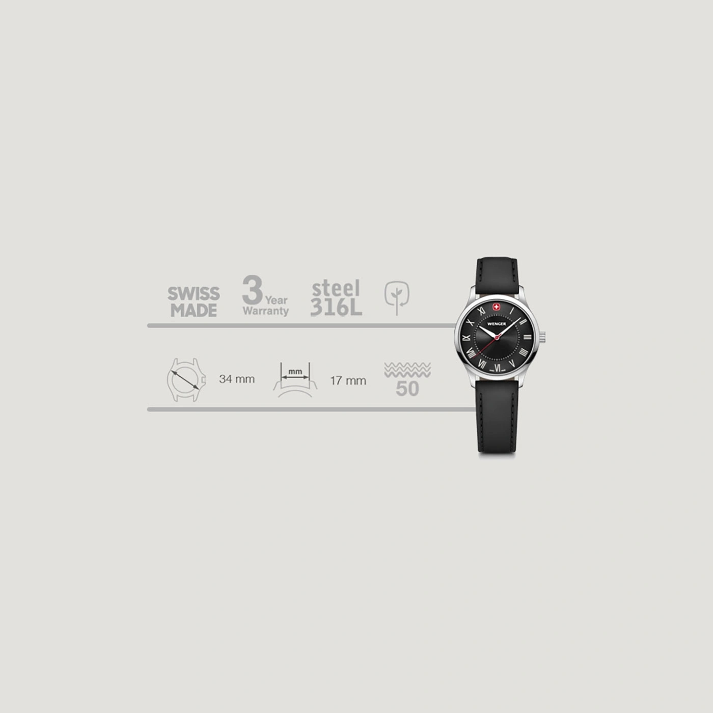 Wenger watch, black, 34mm, 3 year warranty, steel 316L, Swiss Made, 50m water resistant