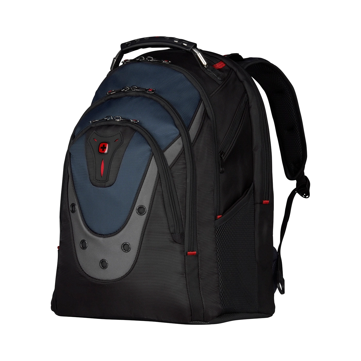 Black backpack with blue and grey accents on a black background, side view.
