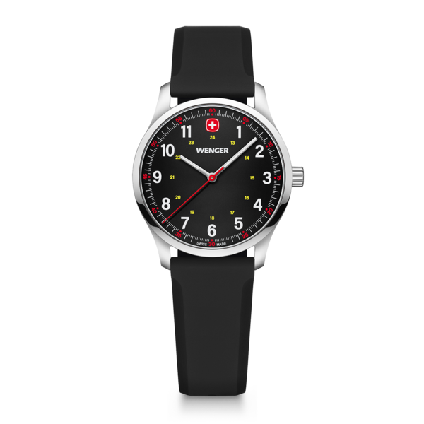 Wenger watch with black face and strap, red accents, Swiss made, stylish design, time.