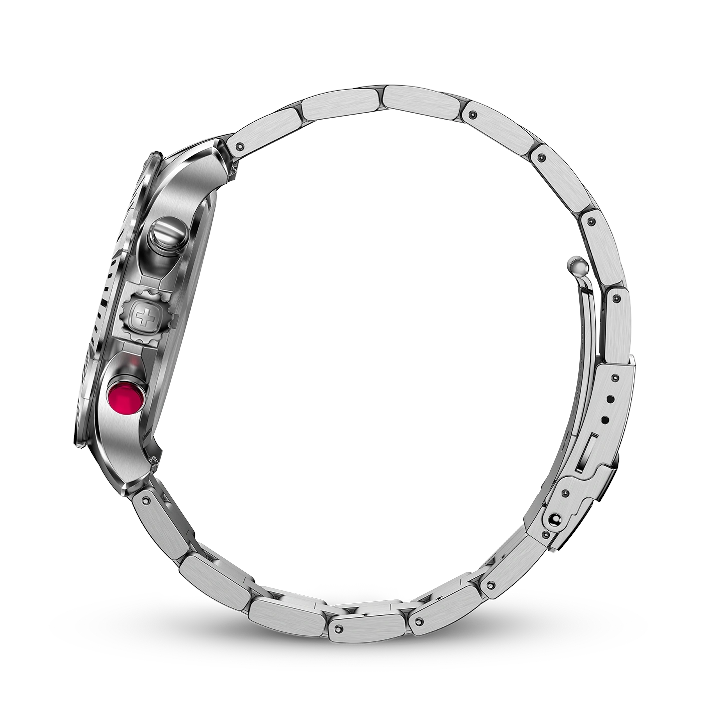 Side view of a silver watch with a red button and bracelet