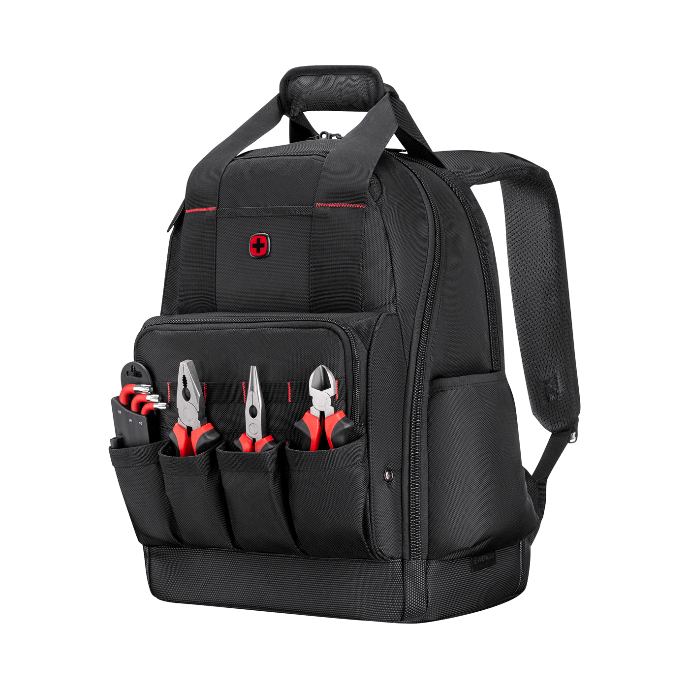 Black tool backpack with tools on the front
