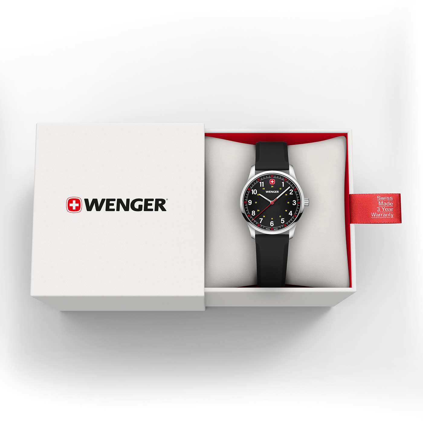 Wenger watch in a box, Swiss made, 3 year warranty, black strap, elegant design