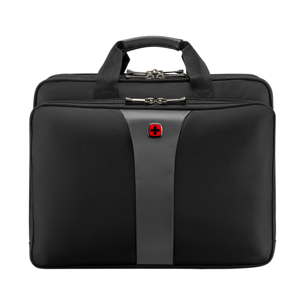 Black briefcase with red cross logo, handle and zipper, business bag, Swiss design