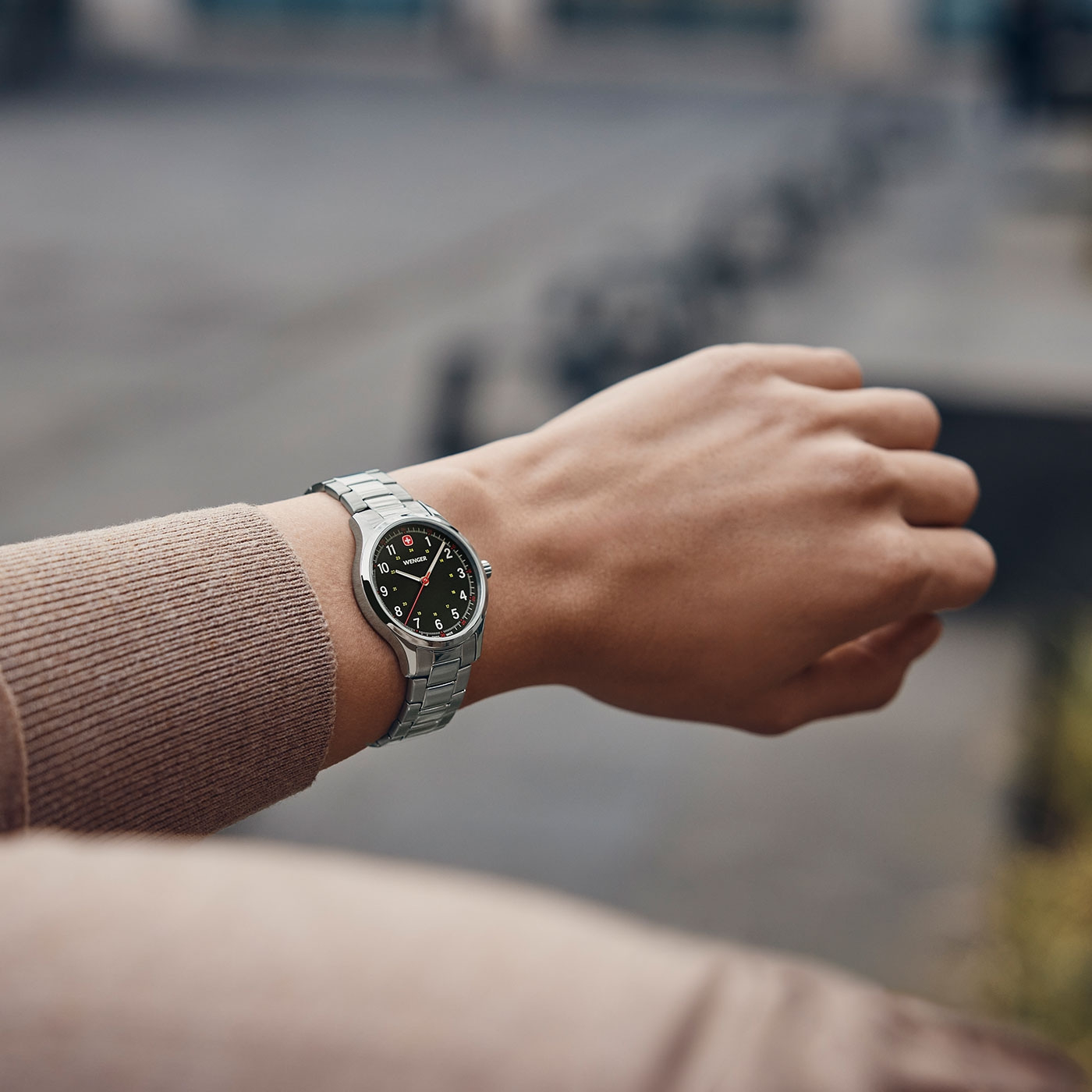 Watch on wrist, silver bracelet, black dial, fashionable, elegant, stylish, accessory