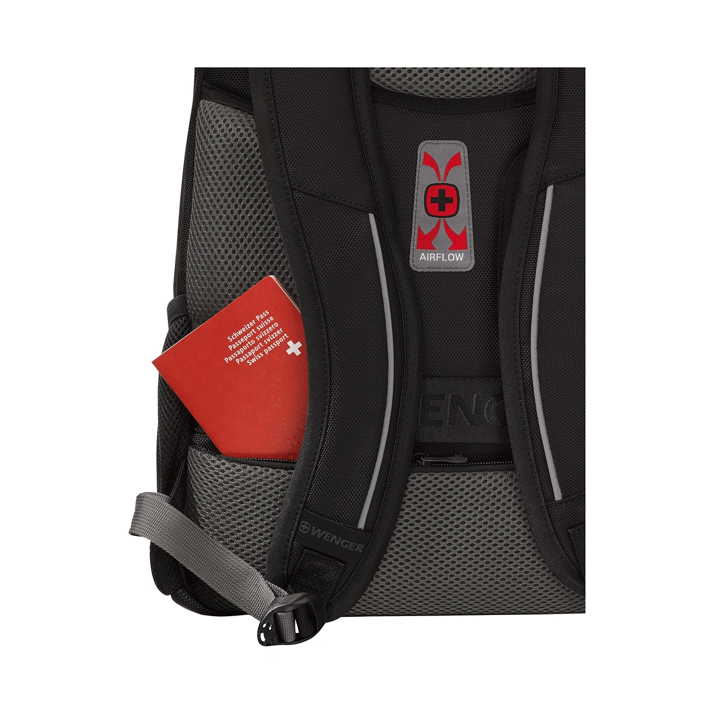 Black backpack with Swiss passport and Airflow feature by Wenger.