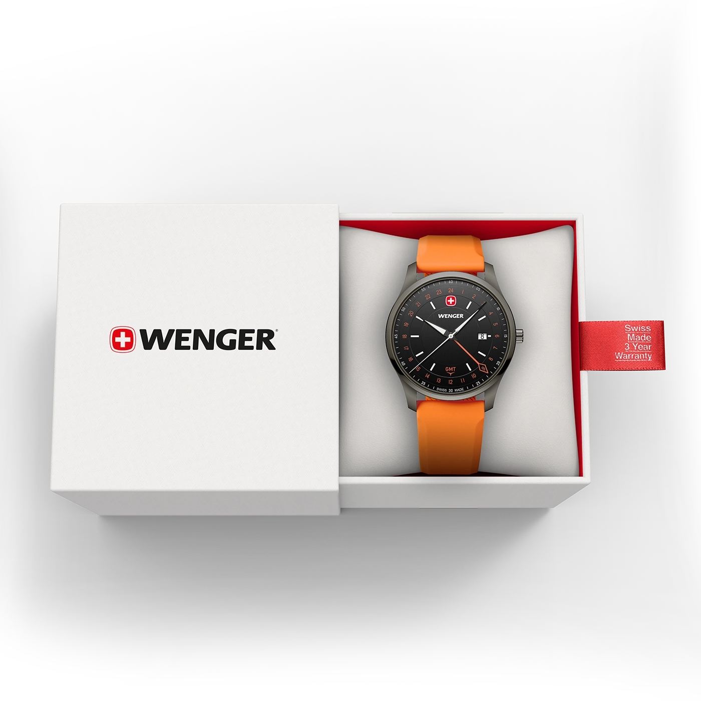 A Wenger wristwatch in orange packaging with a warranty tag.