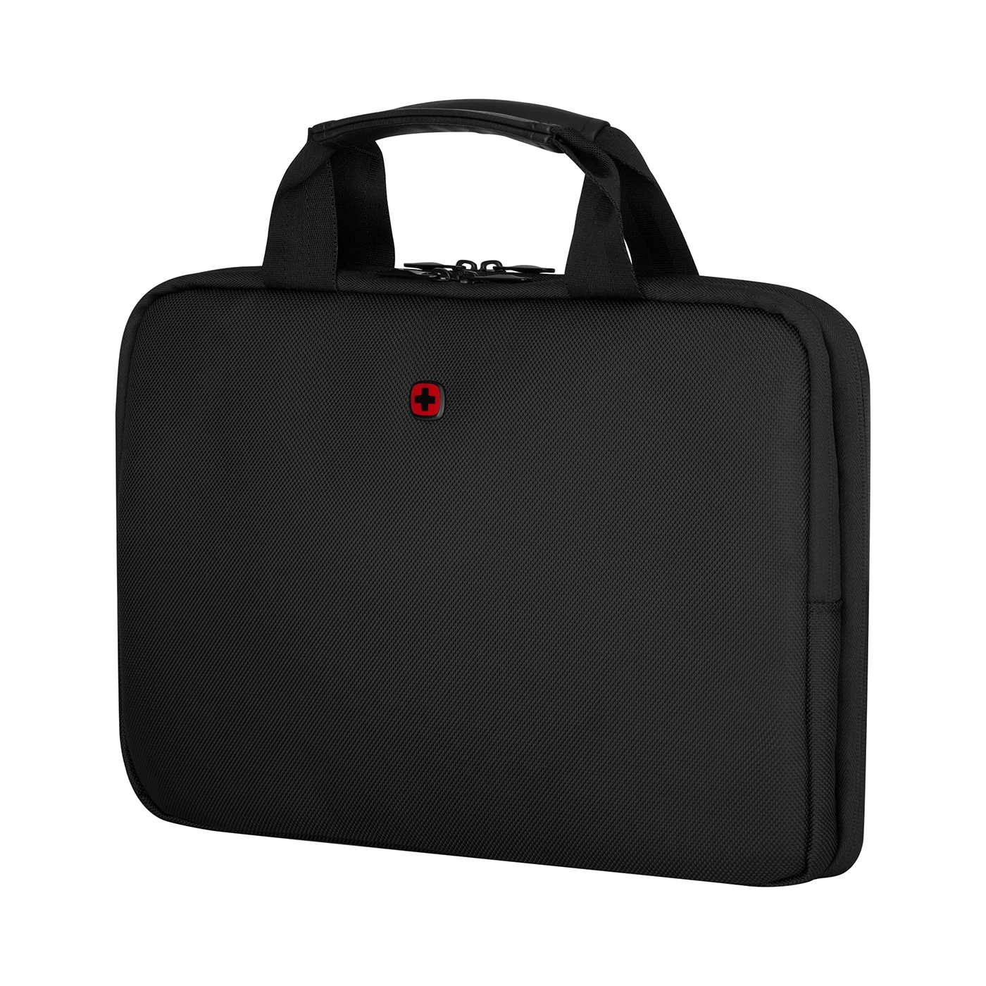 Black bag with red cross logo, handle and zipper, isolated on black background.