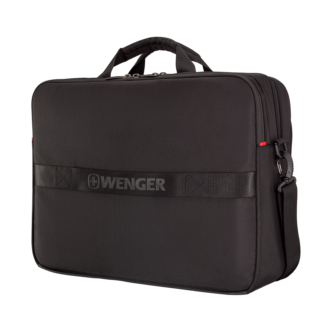 Black briefcase with handle and shoulder strap, brand Wenger.
