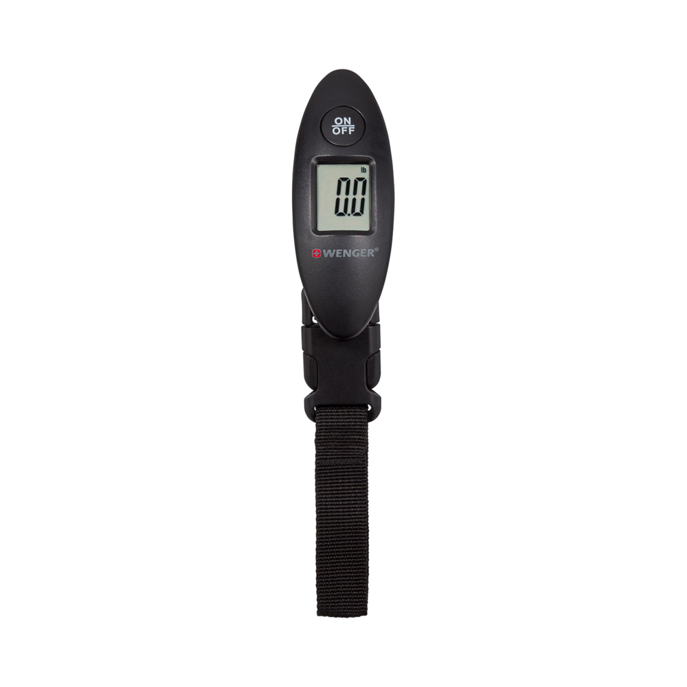 Black luggage scale with digital display and Wenger logo