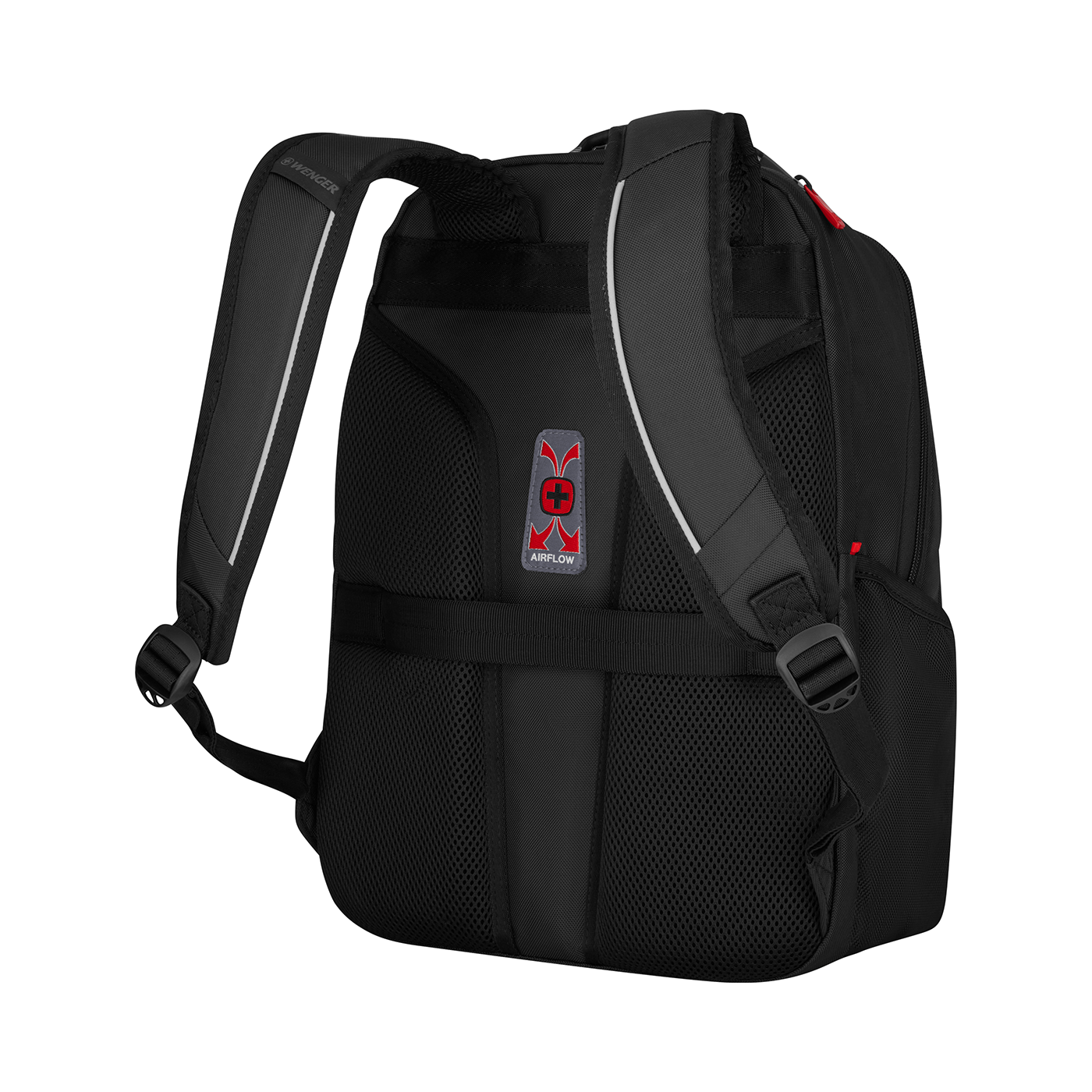 Black backpack with Airflow system and Wenger logo, close-up detail shot