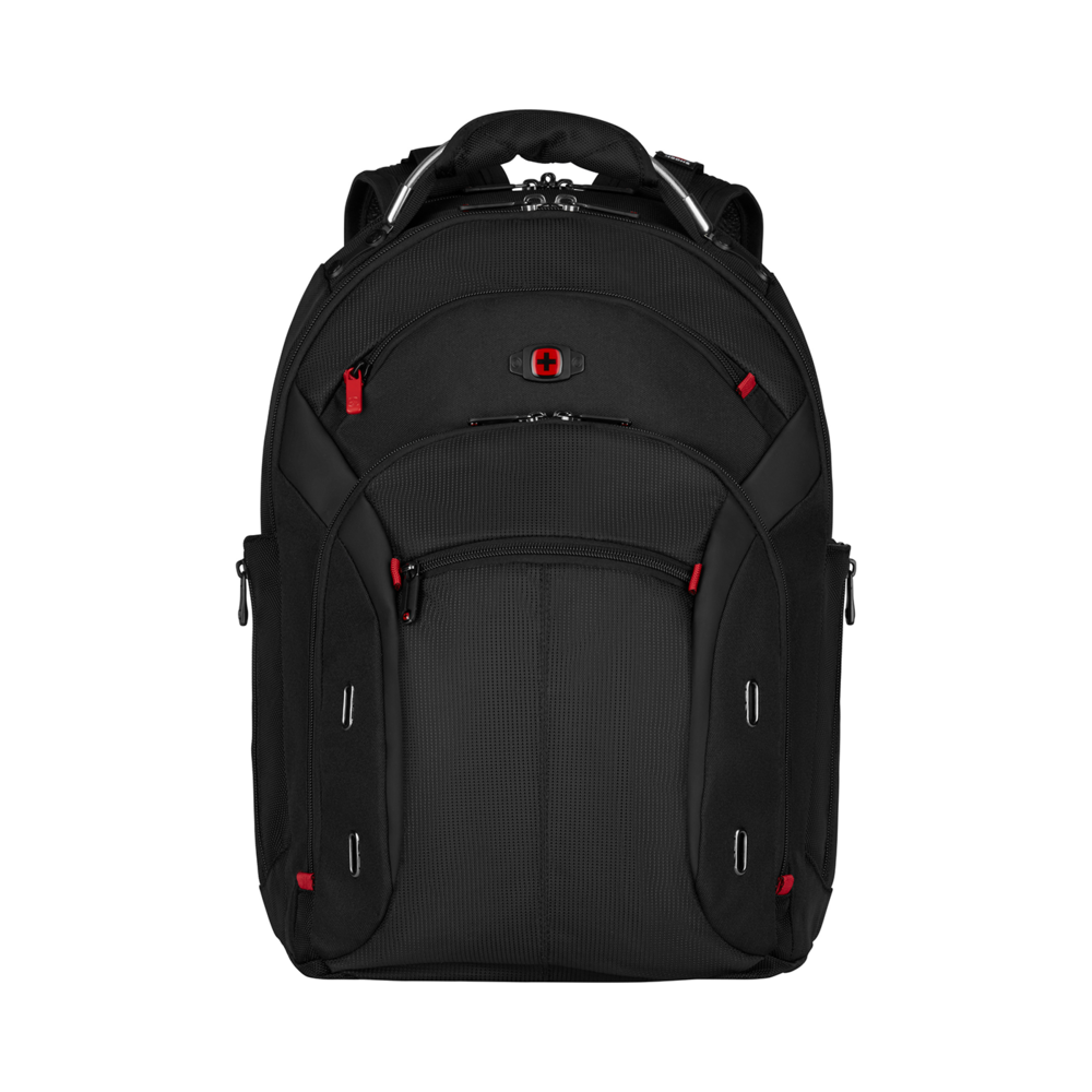 Black backpack with red accents and Swiss cross logo on a black background.