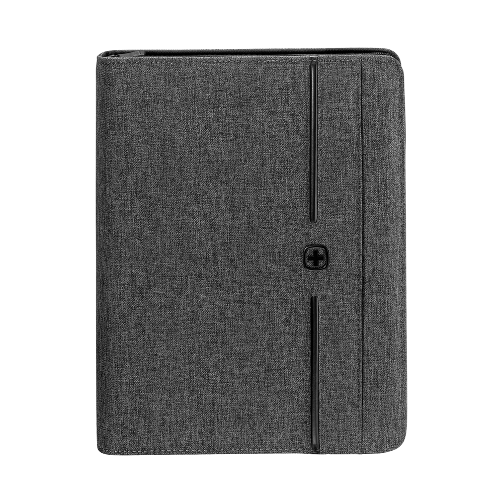 Gray case with zipper and black rubber band with logo and button