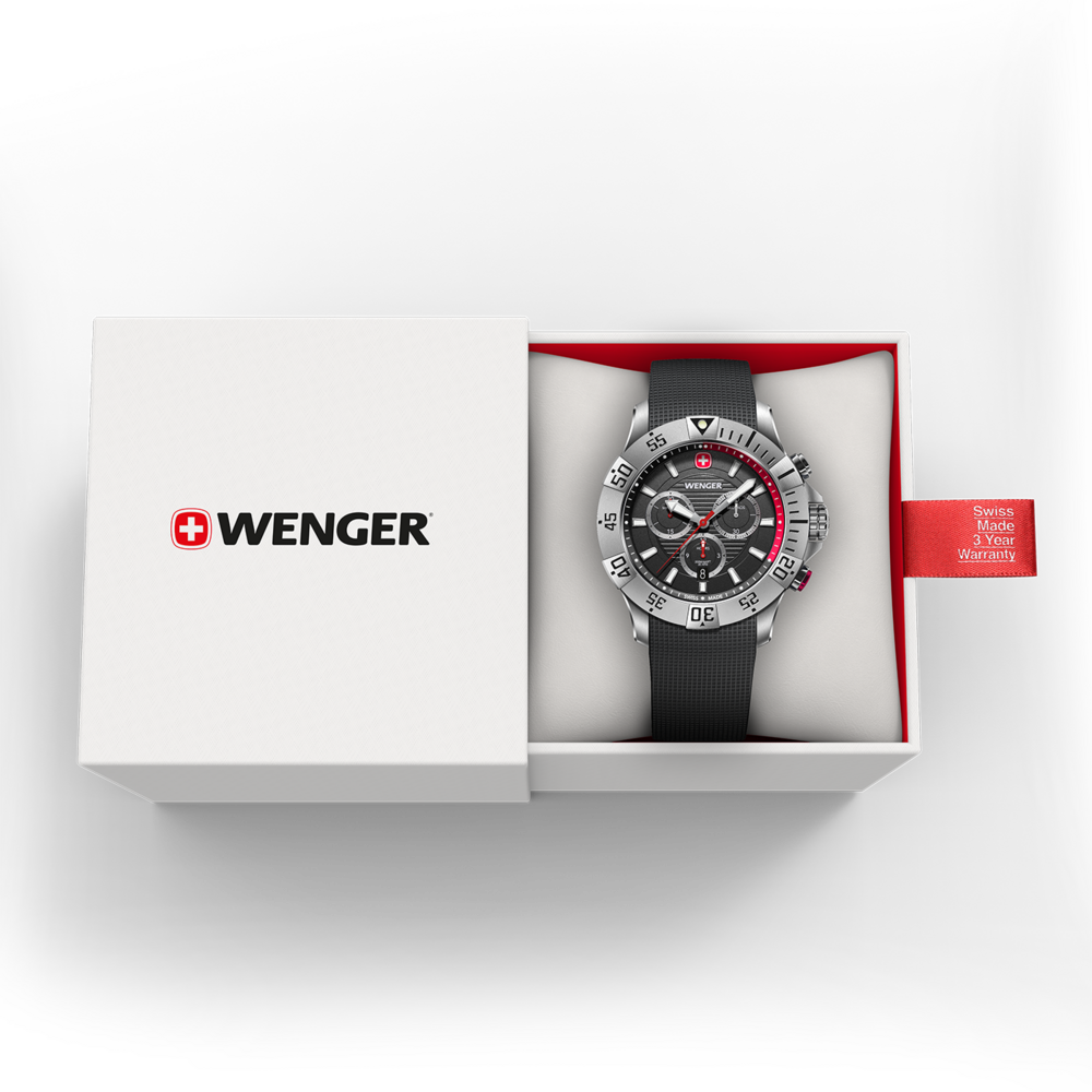 Wenger watch in a box with a red tag, Swiss made 3 year warranty.