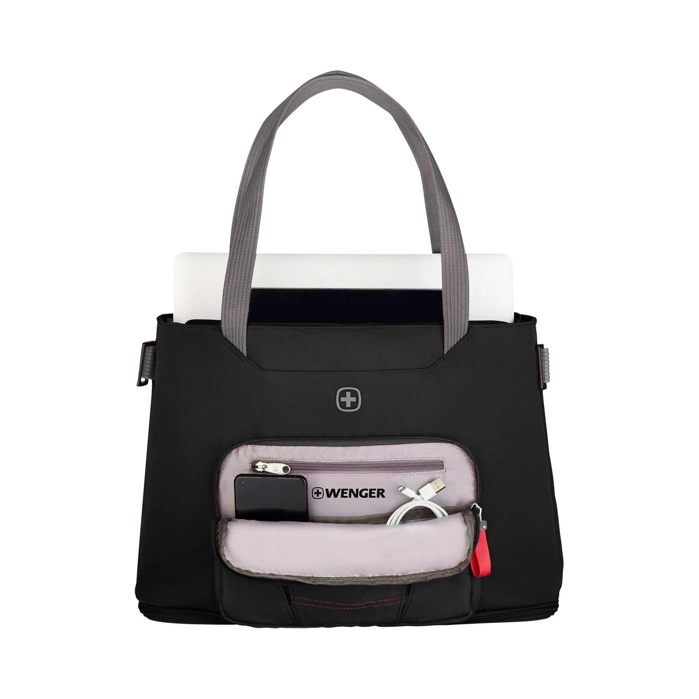 Black handbag with gray handle, zipper, red accent, and Wenger logo. Contains phone and cable.