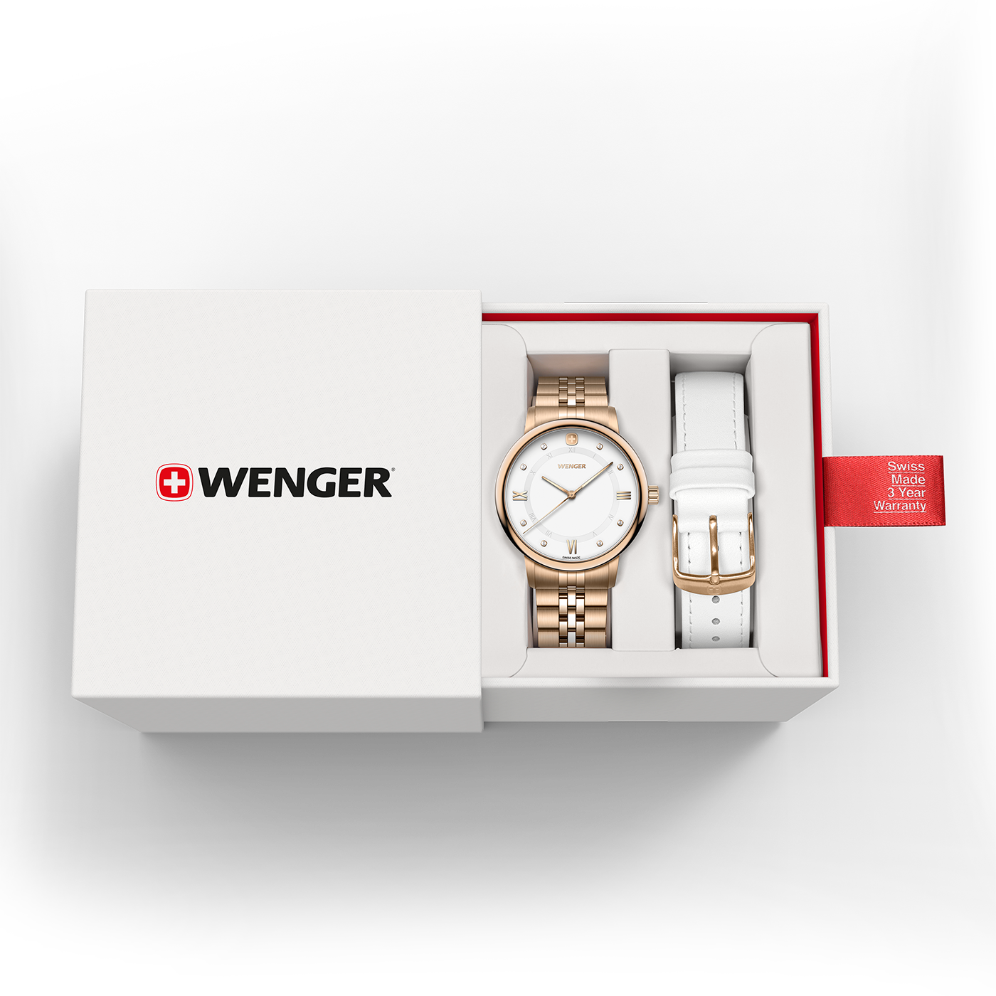 A Wenger watch with two straps in a white gift box.