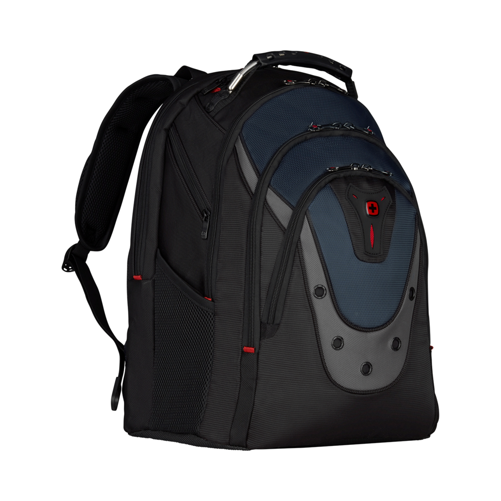 Black backpack with blue and gray accents on a black background, side view