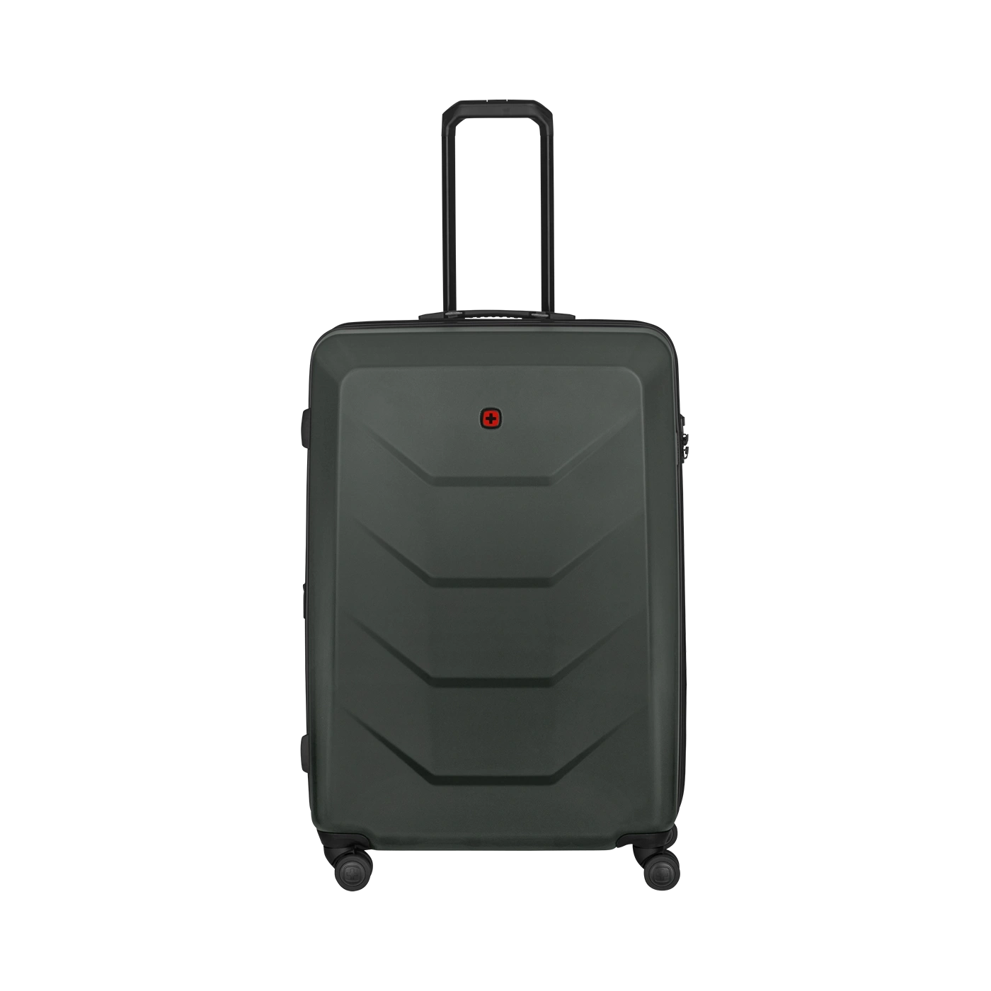 Dark green suitcase with red cross, handle and wheels, isolated