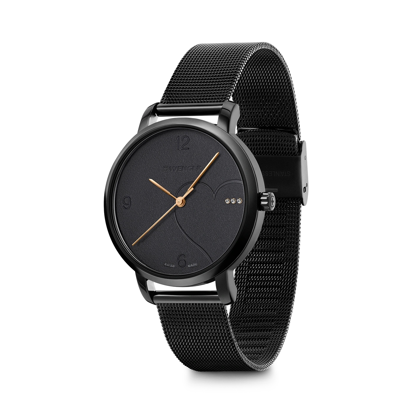 Schwarze Uhr mit schwarzem Armband, Detailaufnahme, elegantes Design, Schweizer Marke