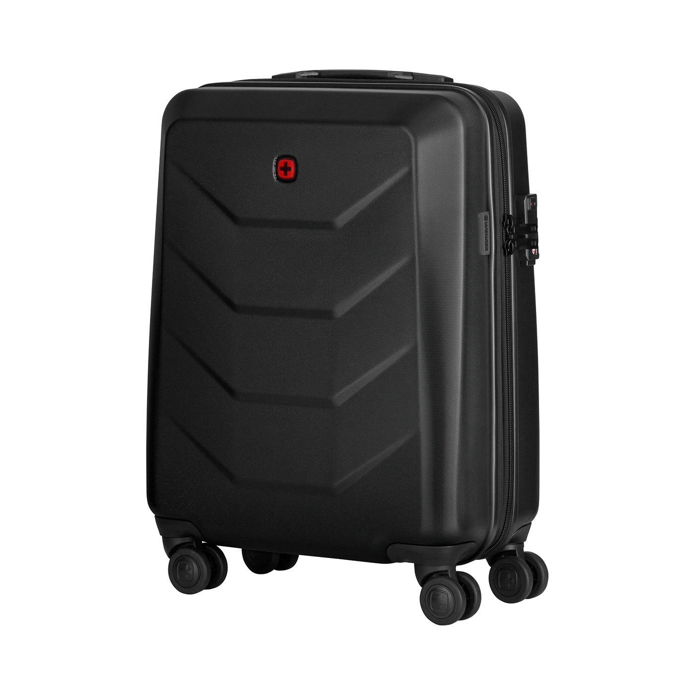Black suitcase with red logo and four wheels on a black background.