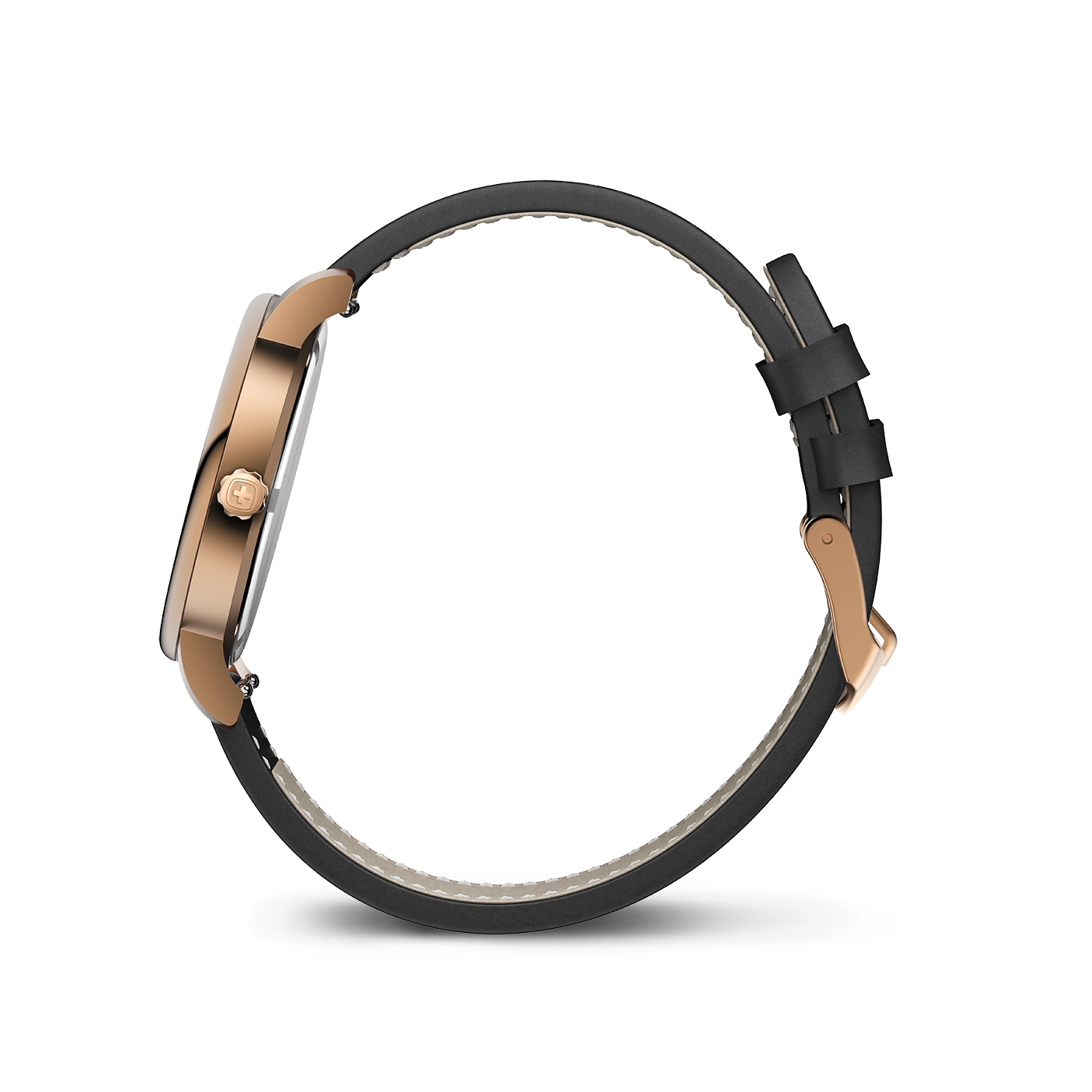 Black leather watch with rose gold case