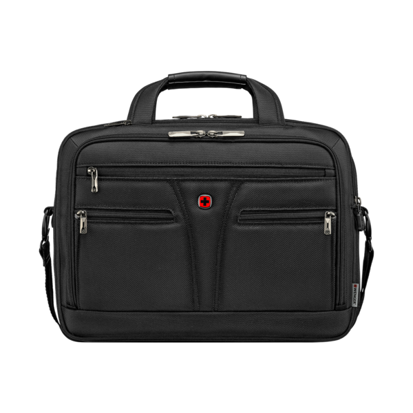 Black briefcase with zippers and red cross logo, Wenger brand, handle on top.