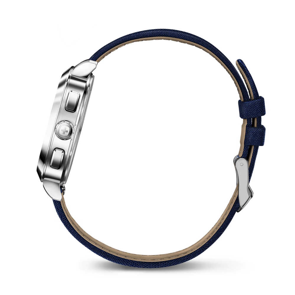 Side view of a watch with a blue fabric strap and silver case