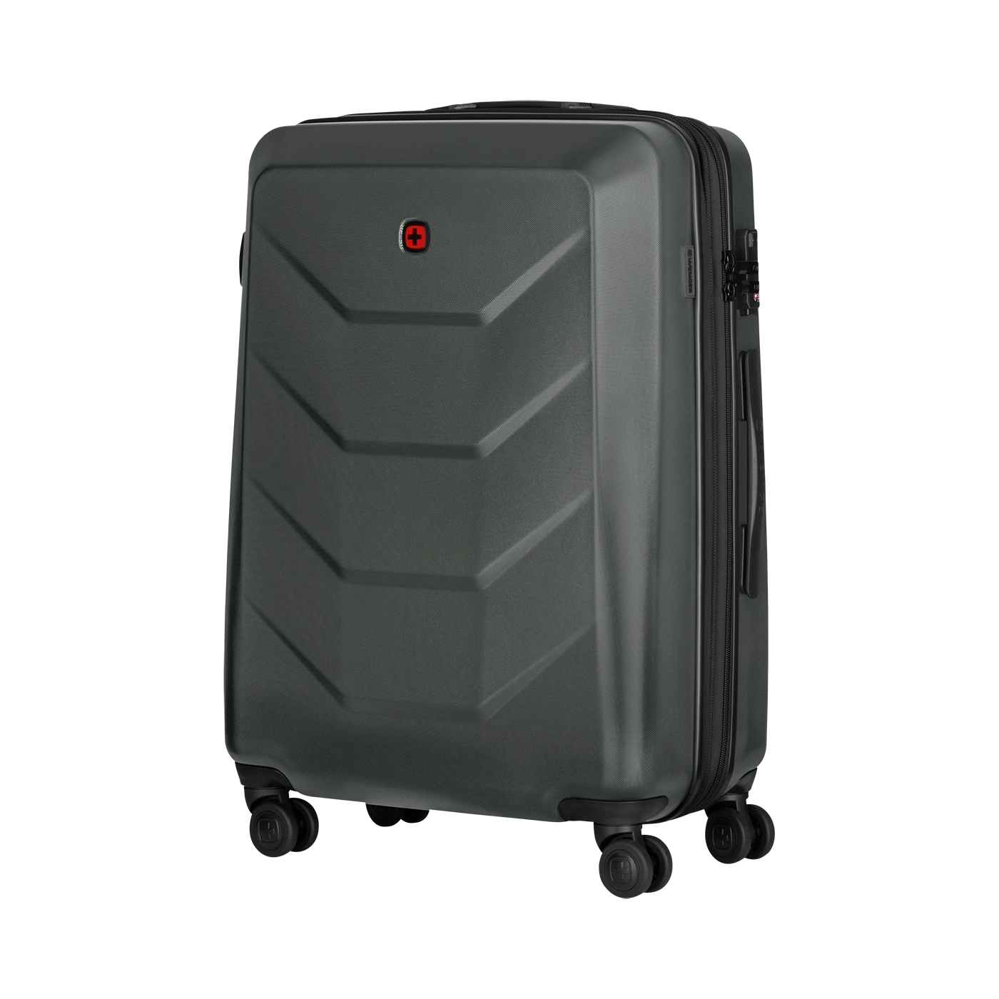 Dark green suitcase with red logo and four wheels, travel luggage