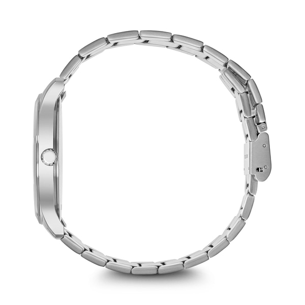 Silver watch with bracelet, side view, close-up, isolated on white background