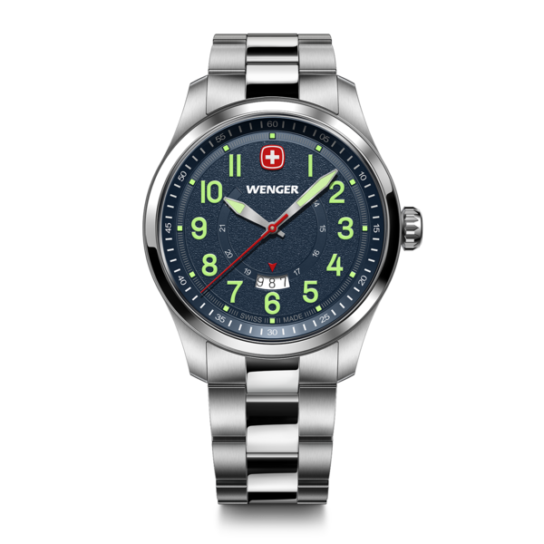 Wenger watch with blue dial and silver bracelet. Swiss made quality timepiece.