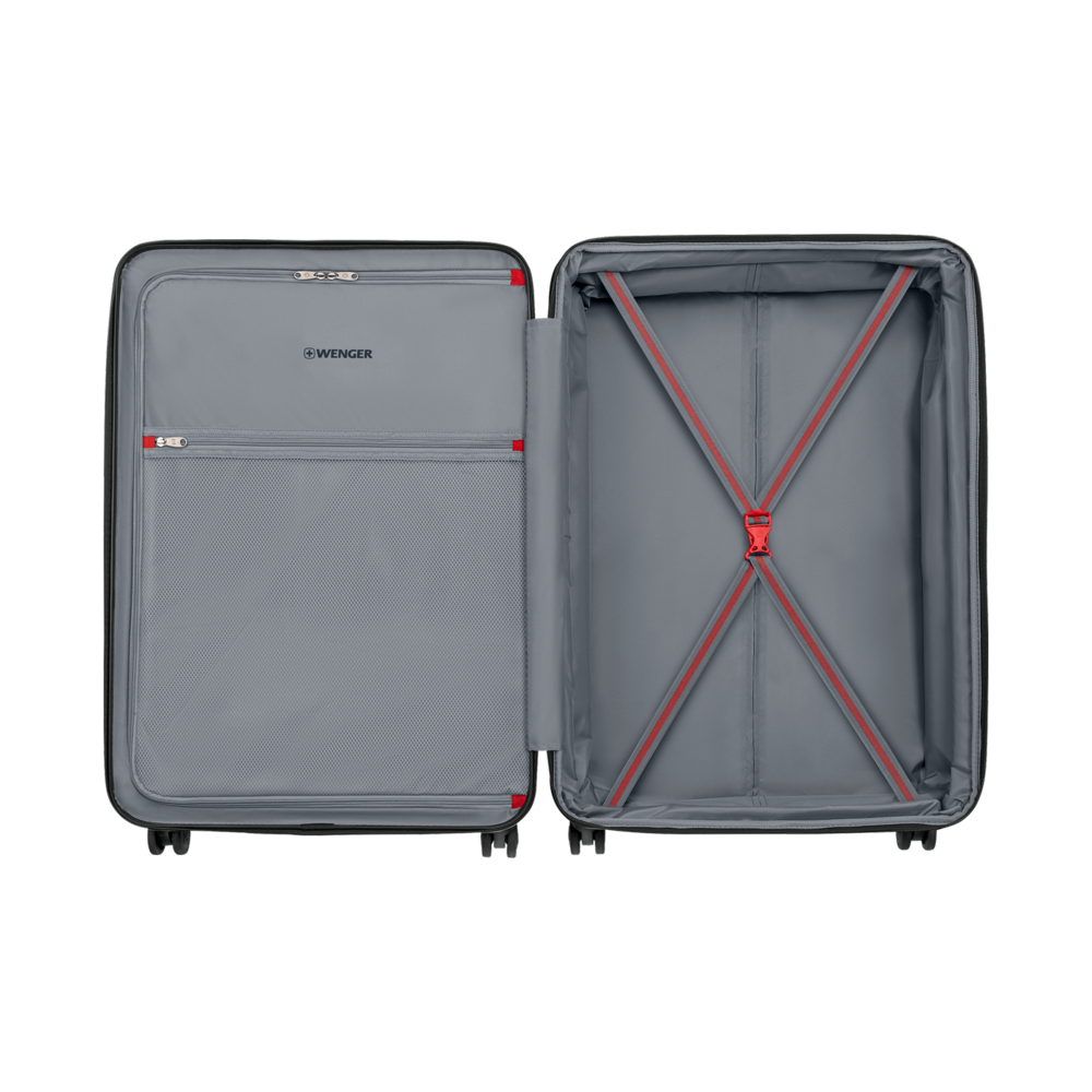 Open suitcase with gray interior, red accents, and Wenger branding visible.