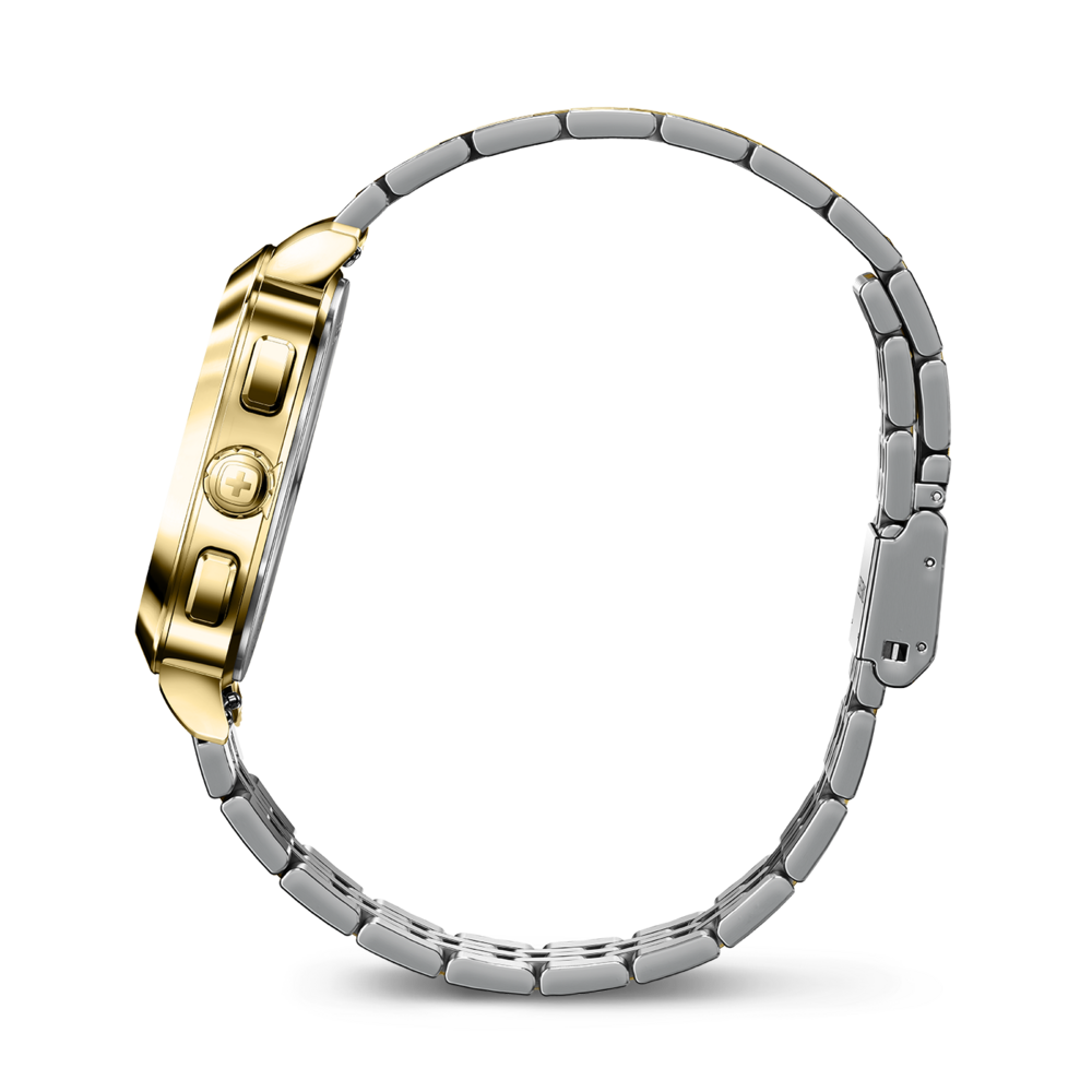 Gold watch with silver strap, side view, close-up, elegant, luxury, accessory