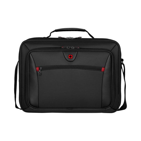 Black briefcase with red accents and Swiss cross logo on front