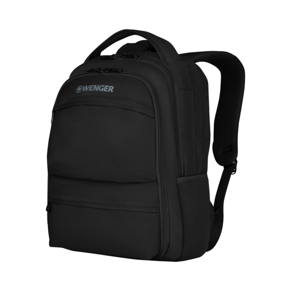 Black Wenger backpack with handle and shoulder straps on a black background