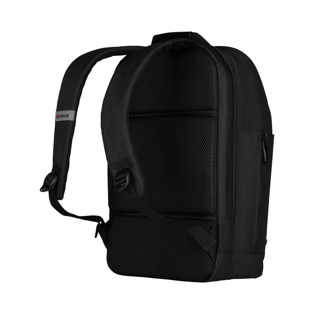 Black Wenger backpack, side view, mesh back, shoulder straps, zipper, detail shot