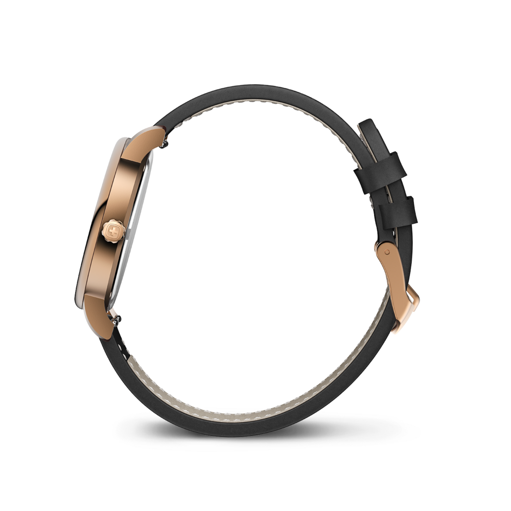 Black leather watch with rose gold case