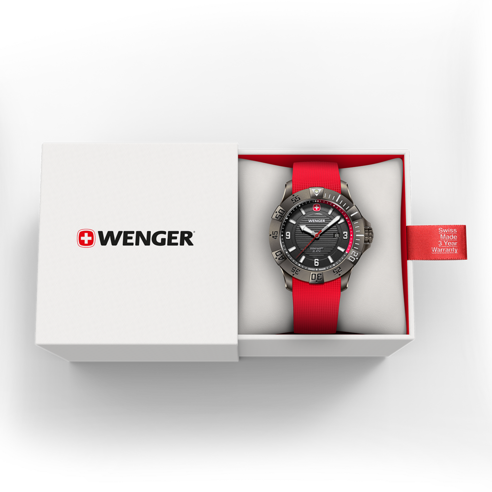 Wenger watch in a box with red strap and warranty information