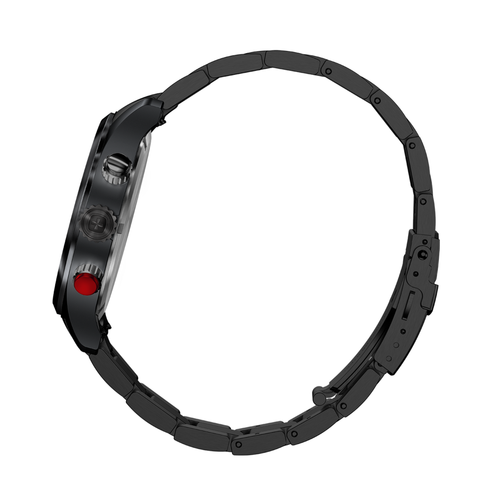 Black watch with red button and bracelet, side view, isolated on white