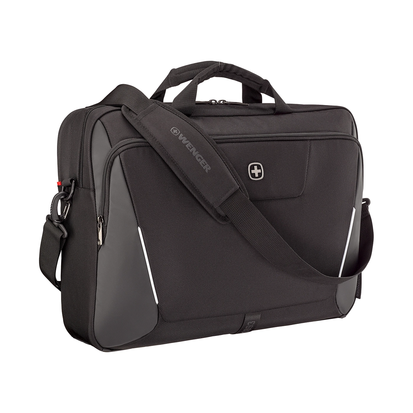 Black Wenger laptop bag with shoulder strap and handle, isolated on white