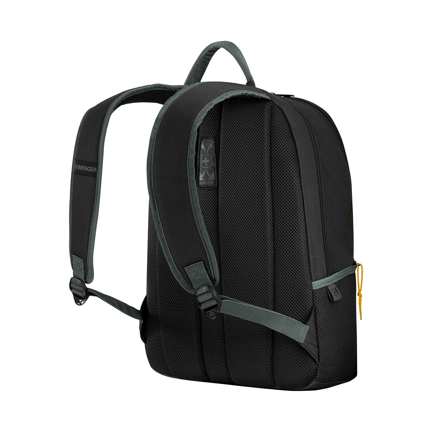 Black backpack with gray accents and yellow zipper. Wenger logo visible on the side.