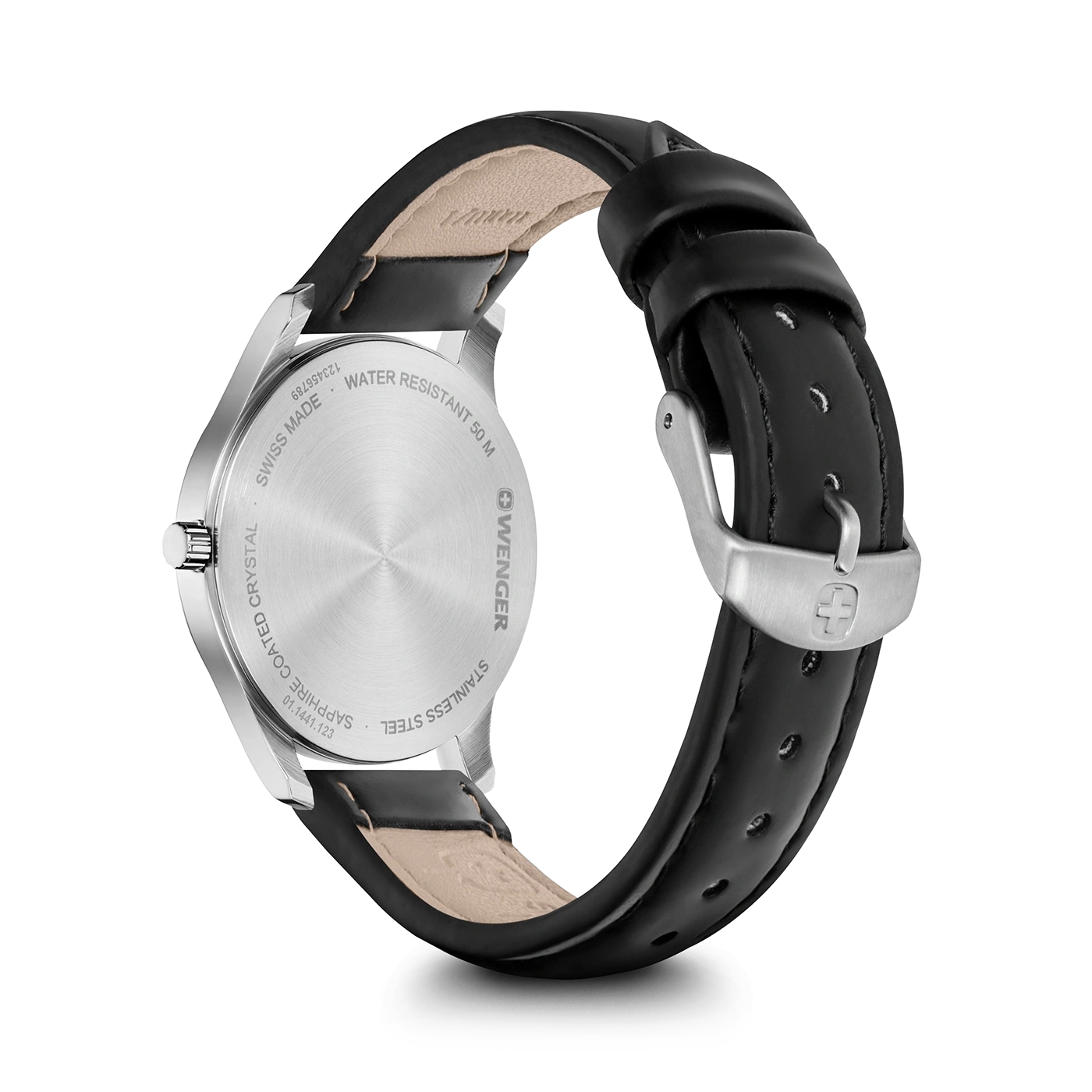 Wenger watch, stainless steel, sapphire crystal, water resistant 50m, Swiss Made, black leather strap.