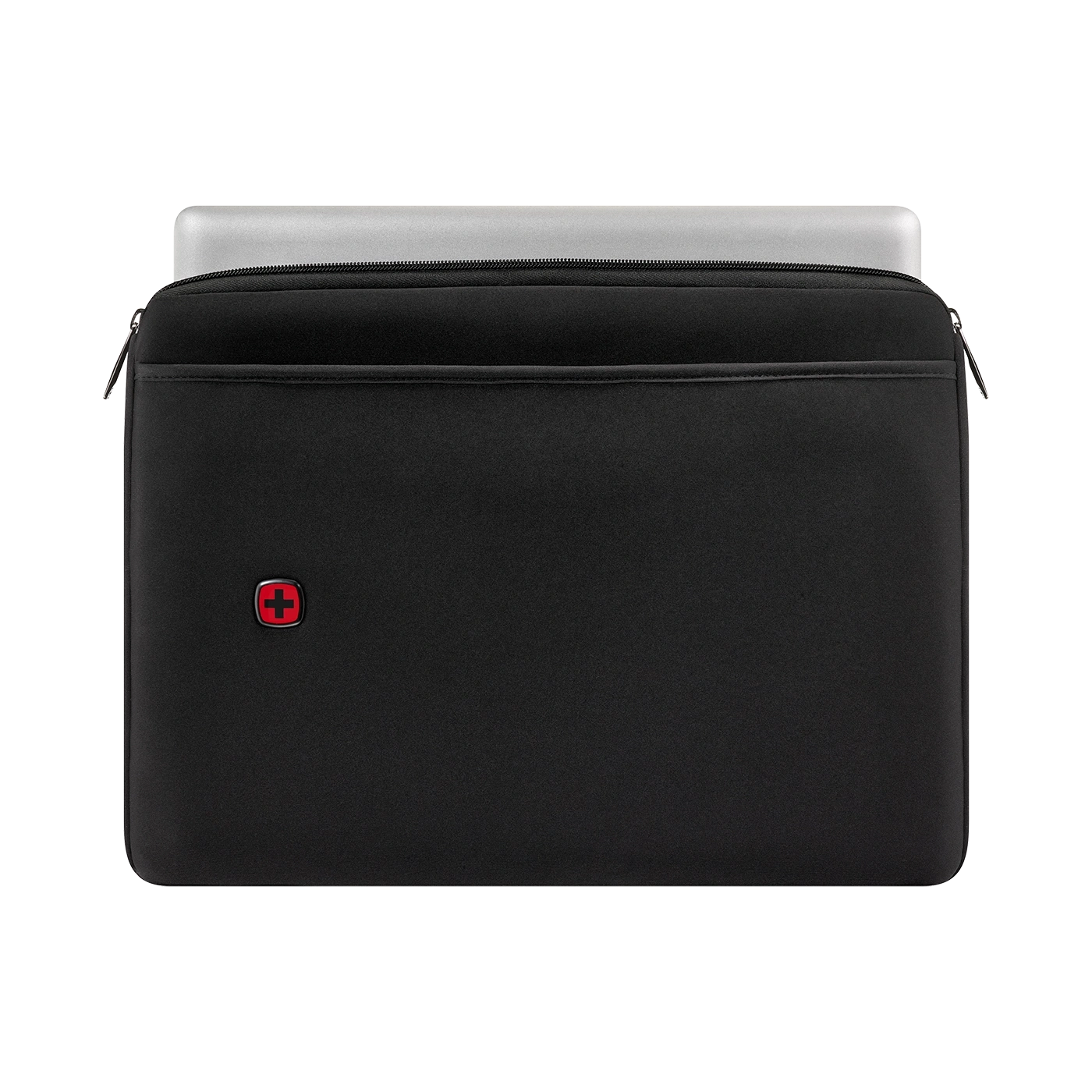 Schwarze Laptoptasche mit rotem Logo, Reißverschluss und Laptop im Inneren.