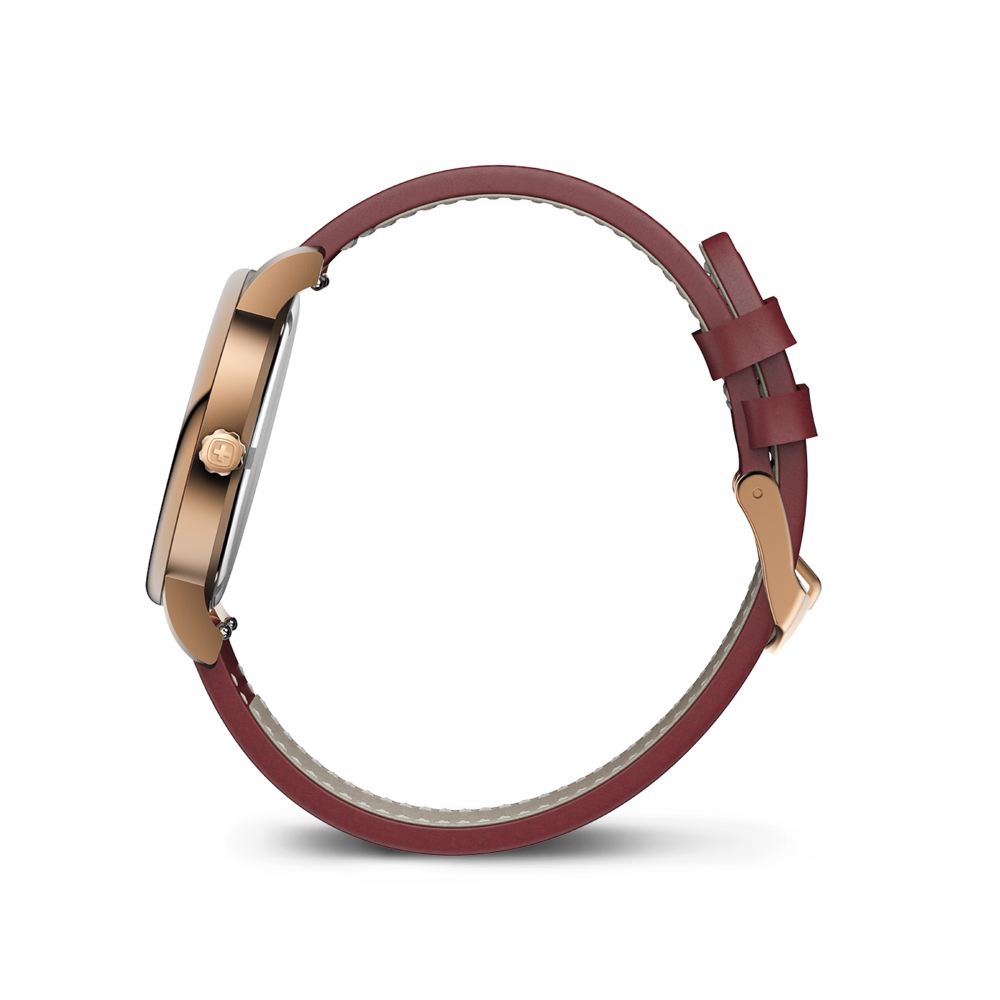 A rose gold watch with a red leather strap shown from the side.