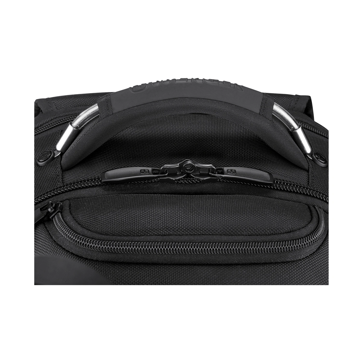 Close-up of a black backpack with a padded handle and zippers.